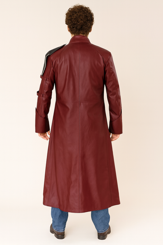 Back view of Star Lord red genuine leather coat with detailed stitching
