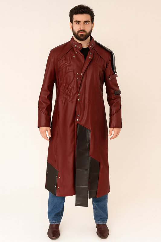 Front view of Guardians of the Galaxy Star Lord red leather coat with snap button closure
