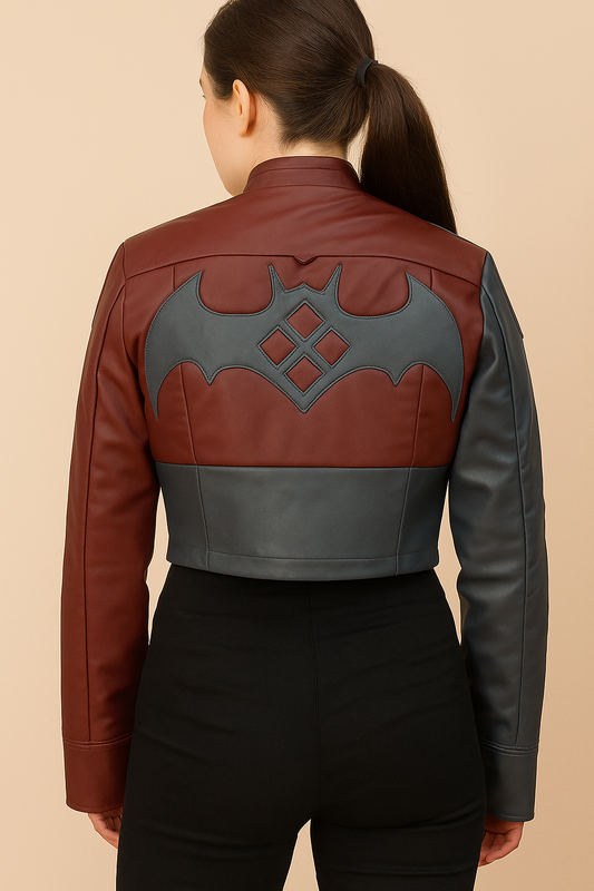 Back view showing Harley Quinn bat emblem design on jacket