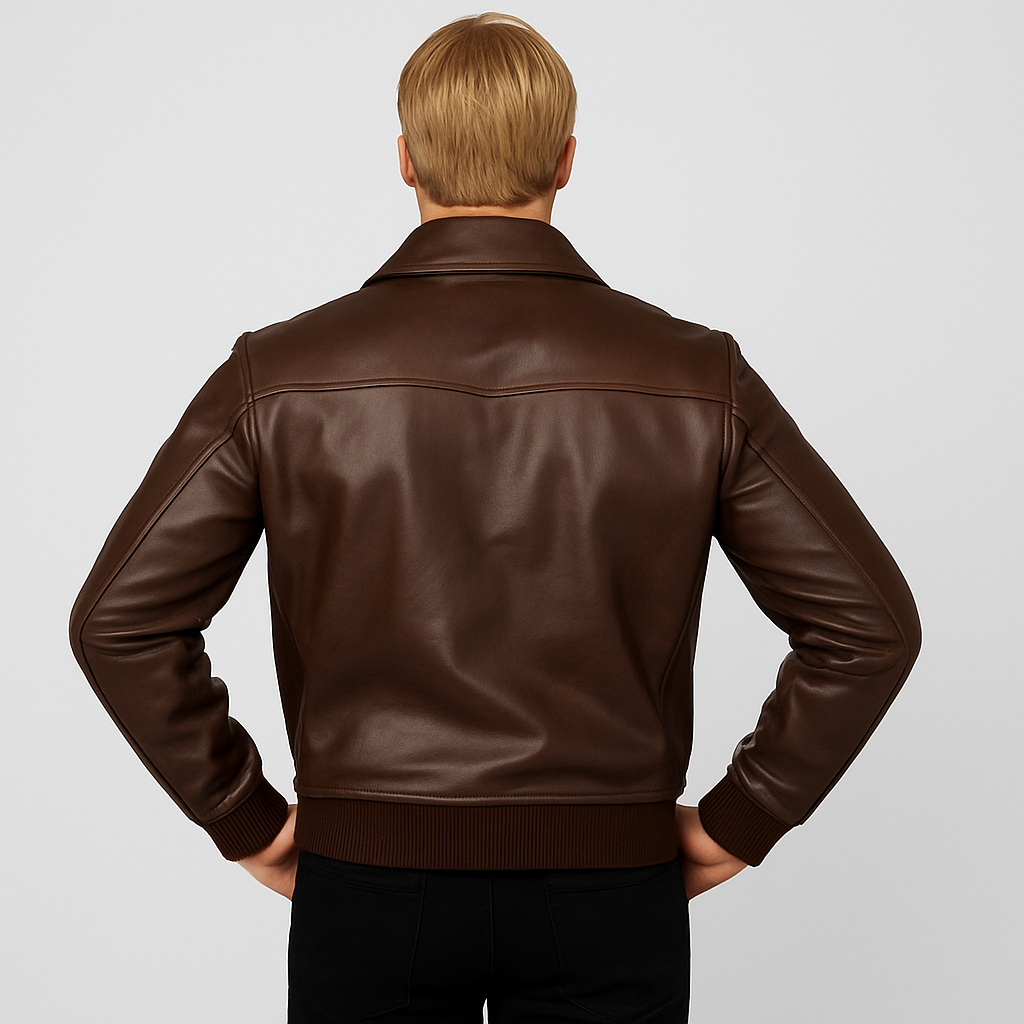 Back view showcasing the bomber design and premium leather finish.