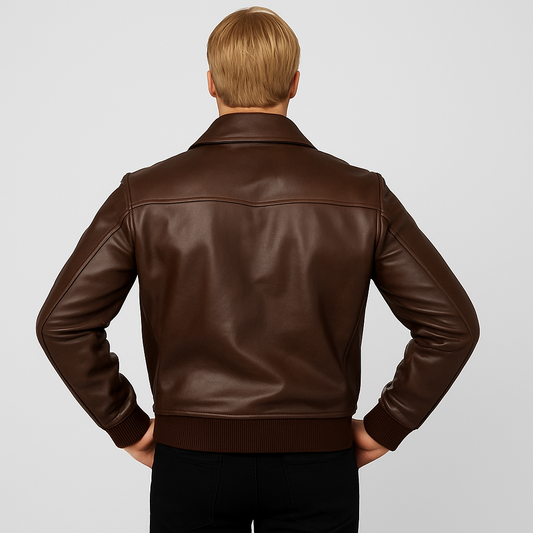 Back view showcasing the bomber design and premium leather finish.