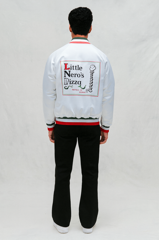 Back view of Home Alone Pizza Boy jacket featuring Little Nero’s Pizza logo