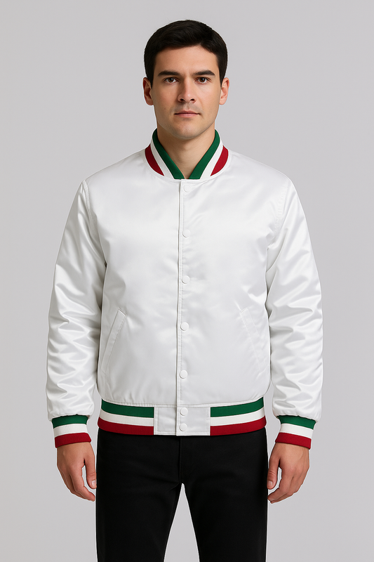 Front view of Home Alone Pizza Boy white satin jacket with snap button closure
