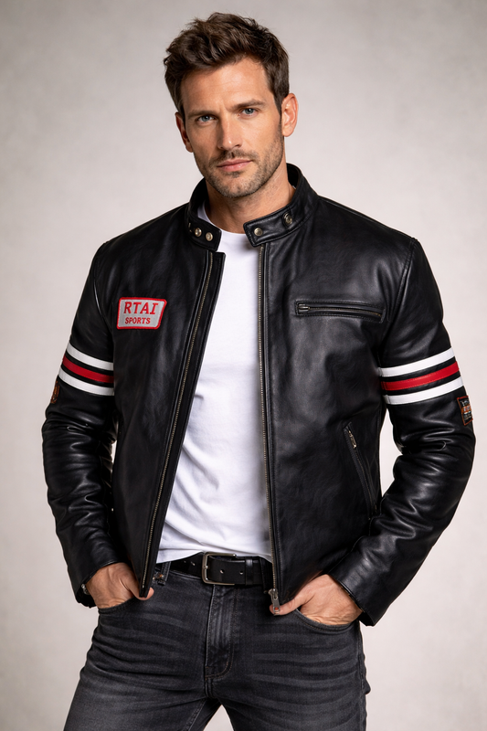 Front view of House M.D. Gregory House black motorcycle leather jacket in genuine leather with zipper closure