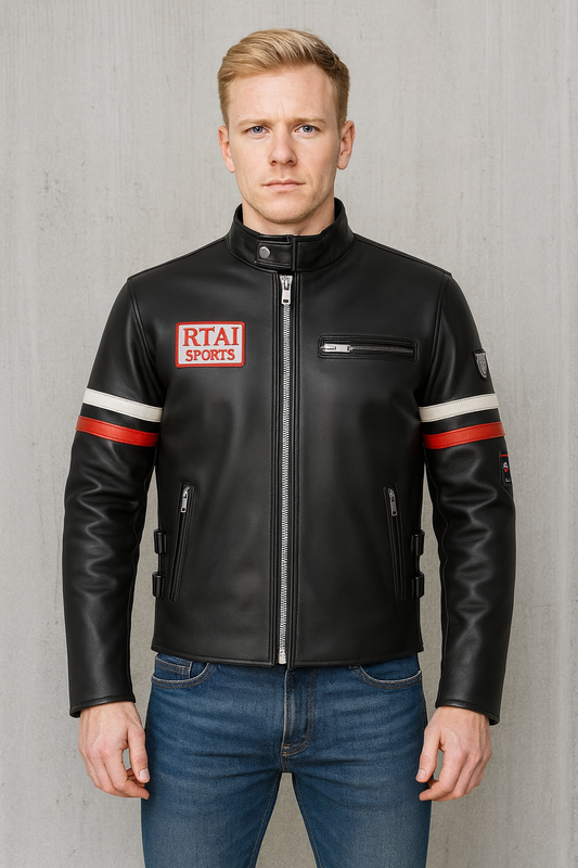 Front view of House M.D. Gregory House black motorcycle leather jacket in genuine leather with zipper closure
