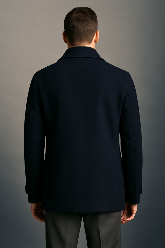 Back view of James Bond Skyfall black peacoat in cotton
