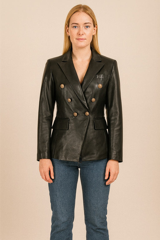 Women’s black genuine leather double-breasted blazer with slim fit
