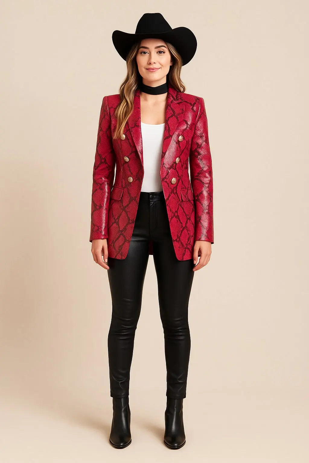 Lainey Wilson red genuine leather snakeskin blazer front view Grammy outfit