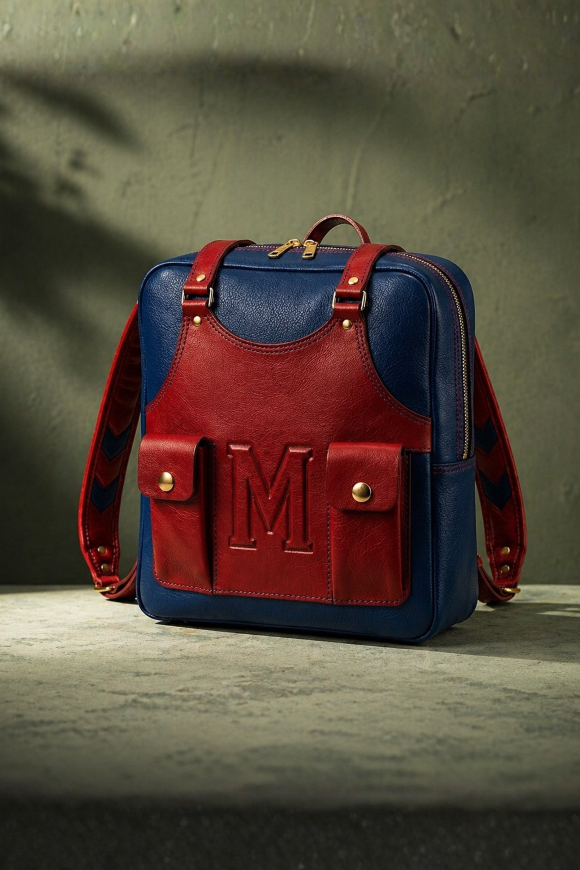 Mario inspired genuine leather backpack in navy blue and burgundy red with embossed M monogram, dual front pockets and gold brass hardware — front view