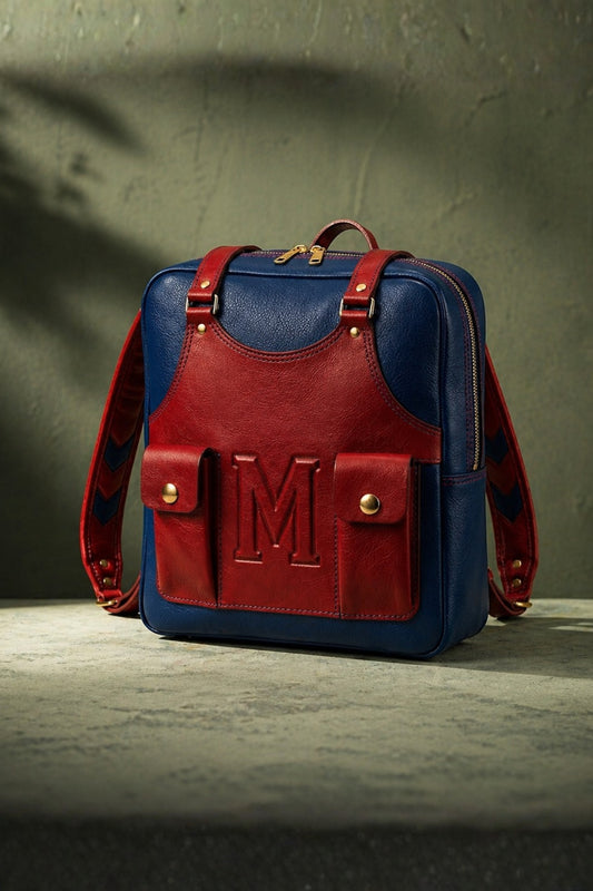 Mario inspired genuine leather backpack in navy blue and burgundy red with embossed M monogram, dual front pockets and gold brass hardware — front view