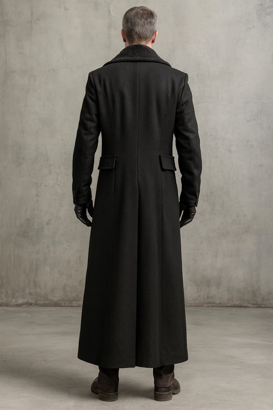 Men’s double-breasted gray wool detective coat with long back design, tailored fit, and structured shoulders – back view