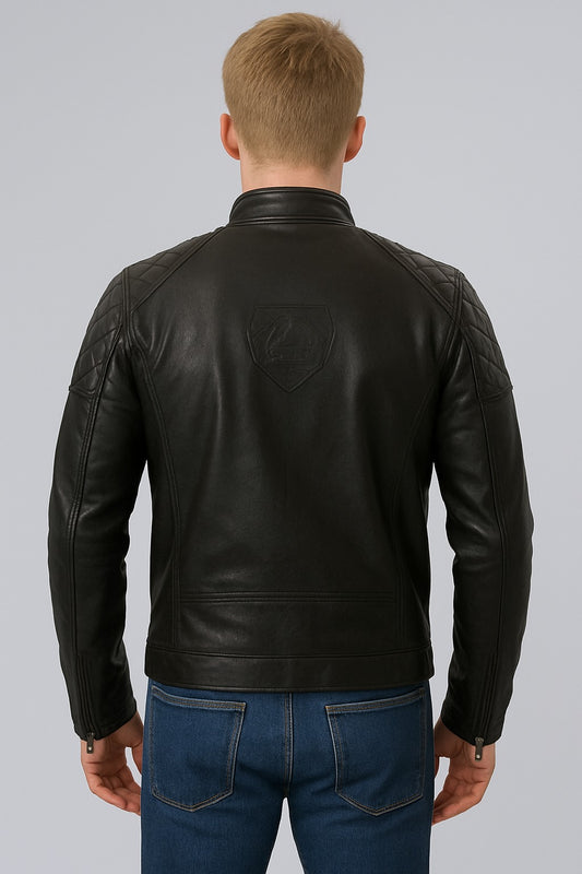 Back view of Metal Gear 2 Solid Snake Black Leather Jacket featuring quilted detailing and screen-accurate design
