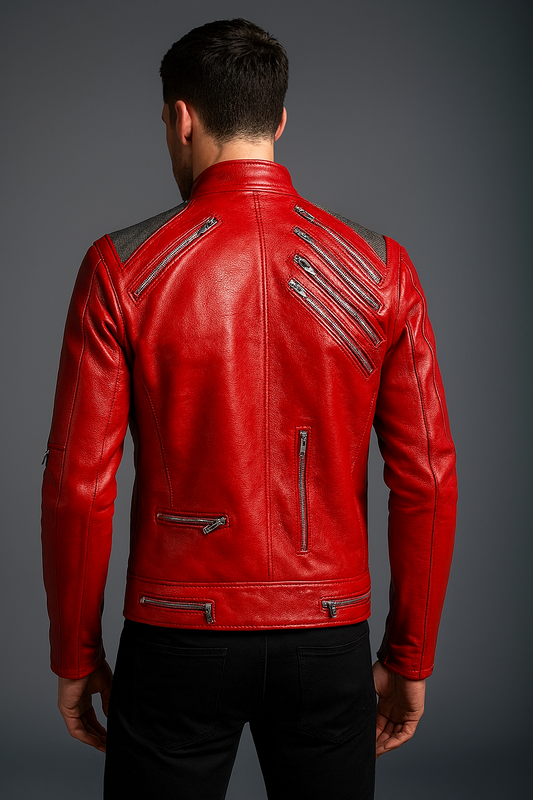 Michael Jackson Beat It Red Genuine Leather Jacket back view with stylish zipper details