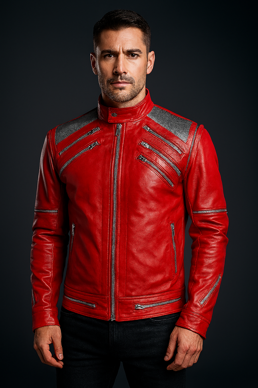 Michael Jackson Beat It Red Genuine Leather Jacket front view with multiple zipper accents