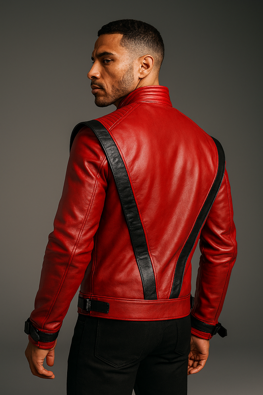Michael Jackson Thriller Red Genuine Leather Jacket back view with signature V-shaped black design