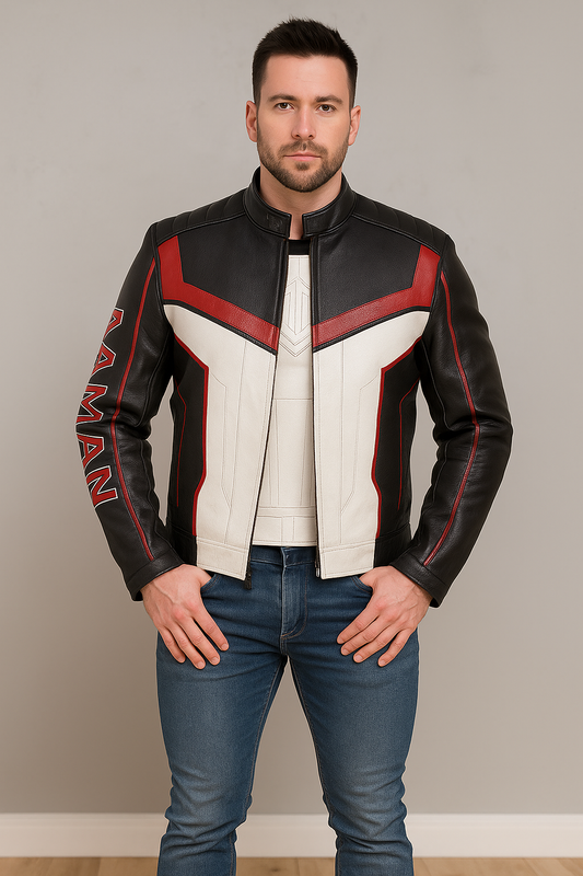 Front view of Mister Terrific Superman 2025 black and white leather jacket with red accents and zipper closure
