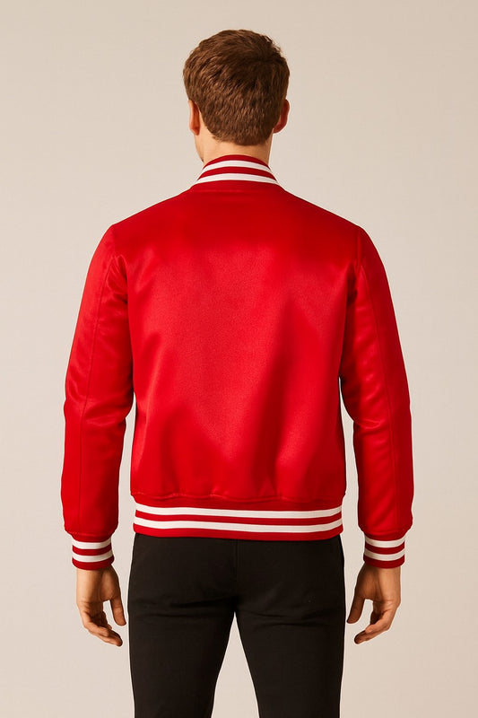 Back view of Mitchell & Ness NBA x Hennessy red satin varsity jacket with striped ribbed hem and cuffs
