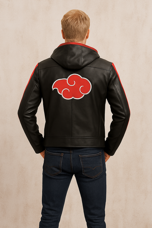 Back view of Naruto Akatsuki leather jacket with bold red cloud design and hood.