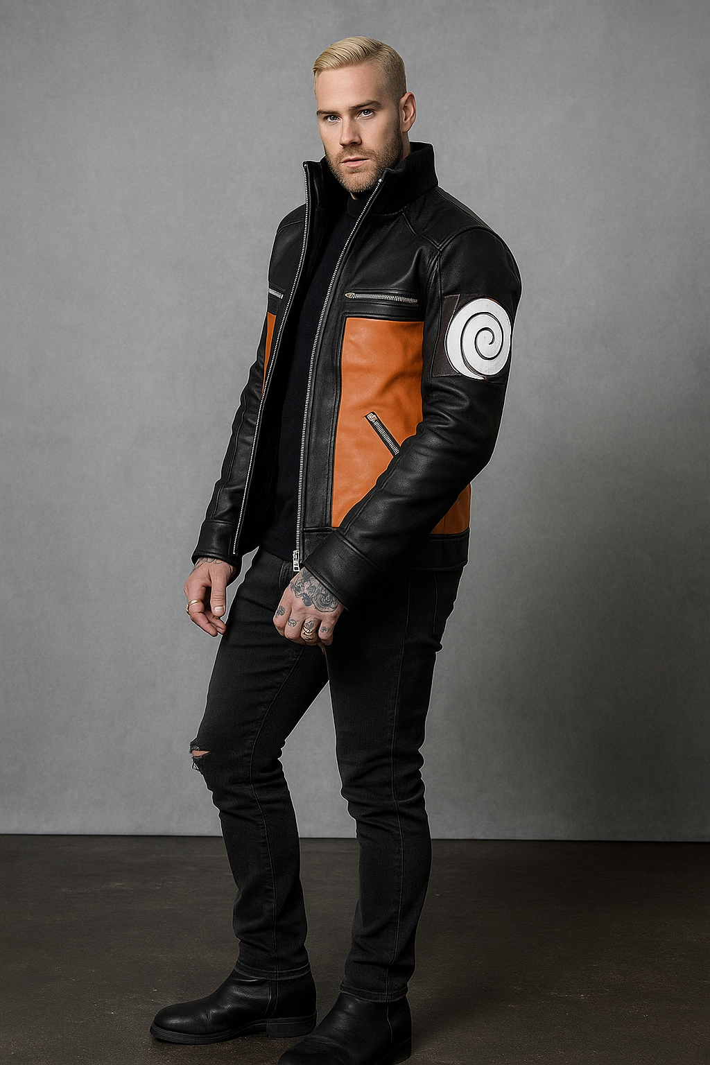 Side view of Naruto Uzumaki Black & Orange Leather Jacket with swirl arm patch