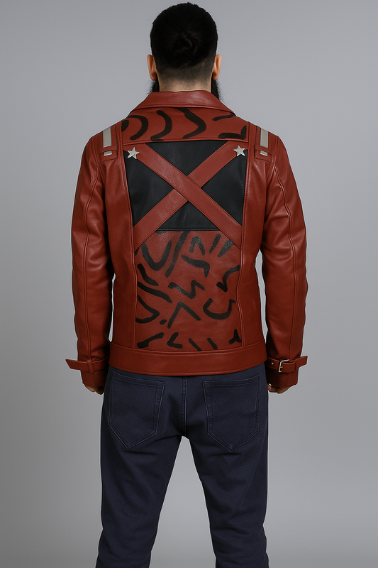 Back view of Travis Touchdown Red Leather Jacket with black graphic accents and cross-strap design