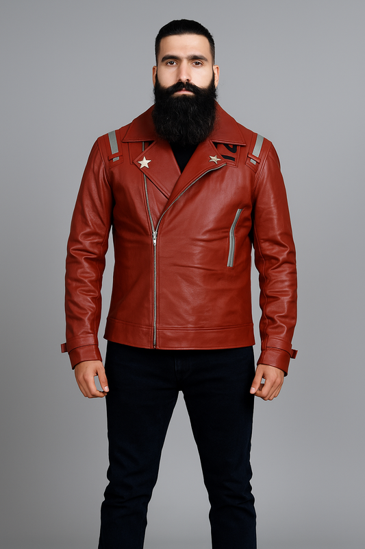 Front view of No More Heroes Travis Touchdown Red Leather Jacket with star patches and zipper closure