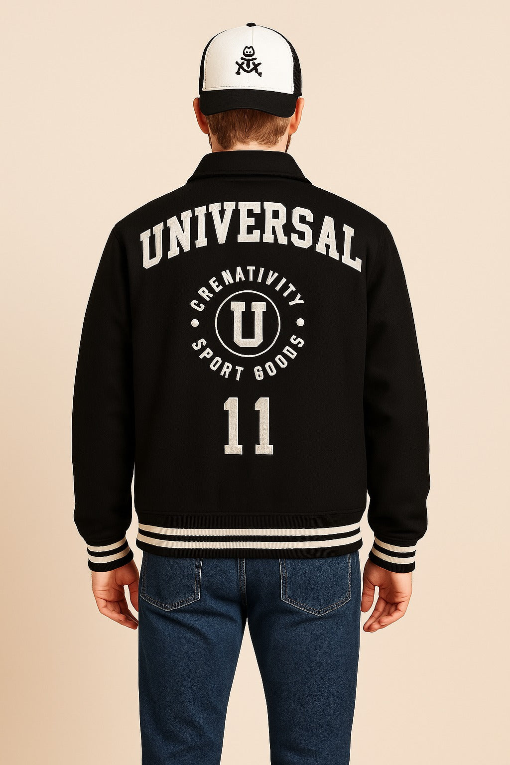 Back view of Patty Mills NYC 2025 varsity jacket with embroidered Universal logo