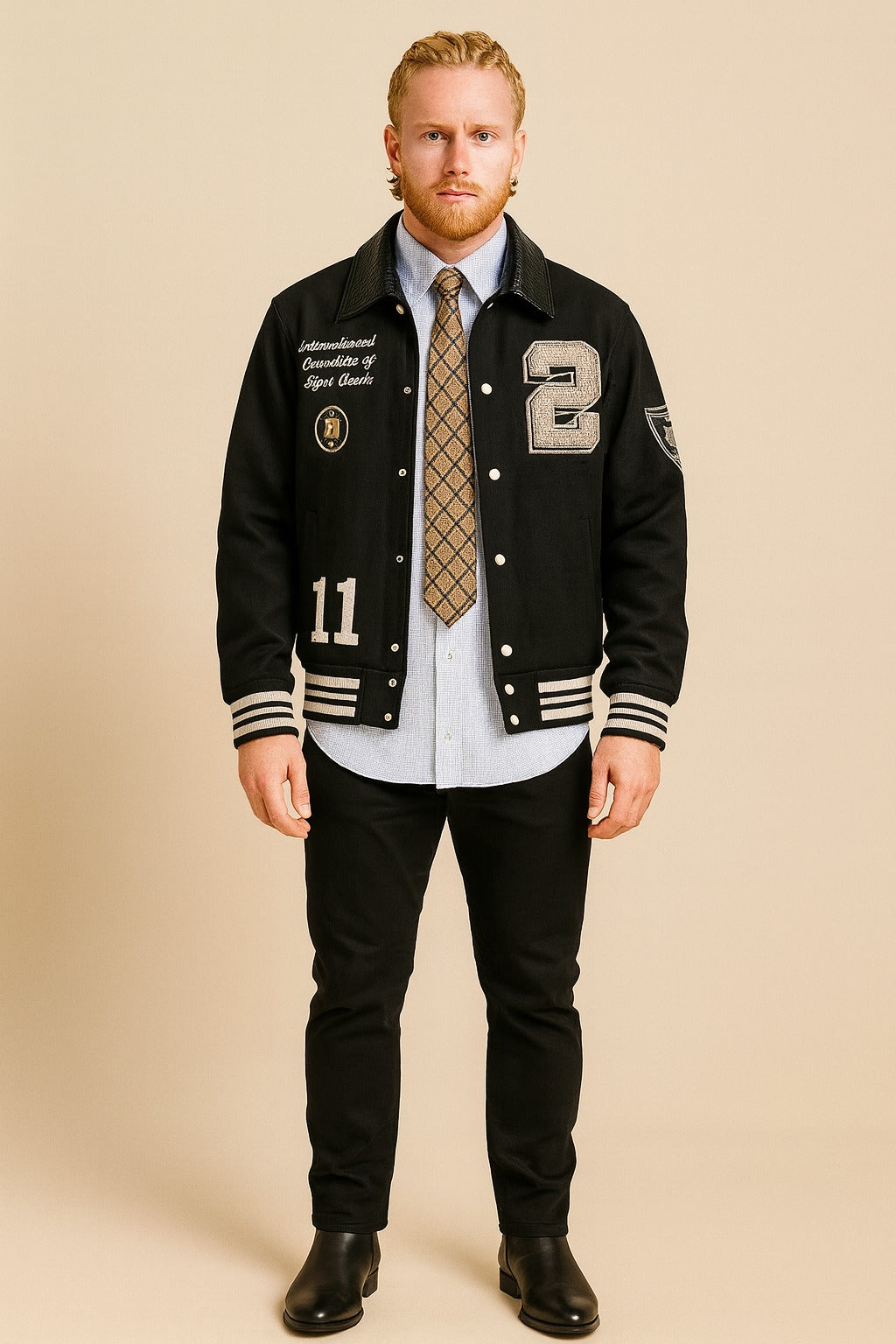 Front view of Patty Mills NYC 2025 black wool varsity jacket with patches