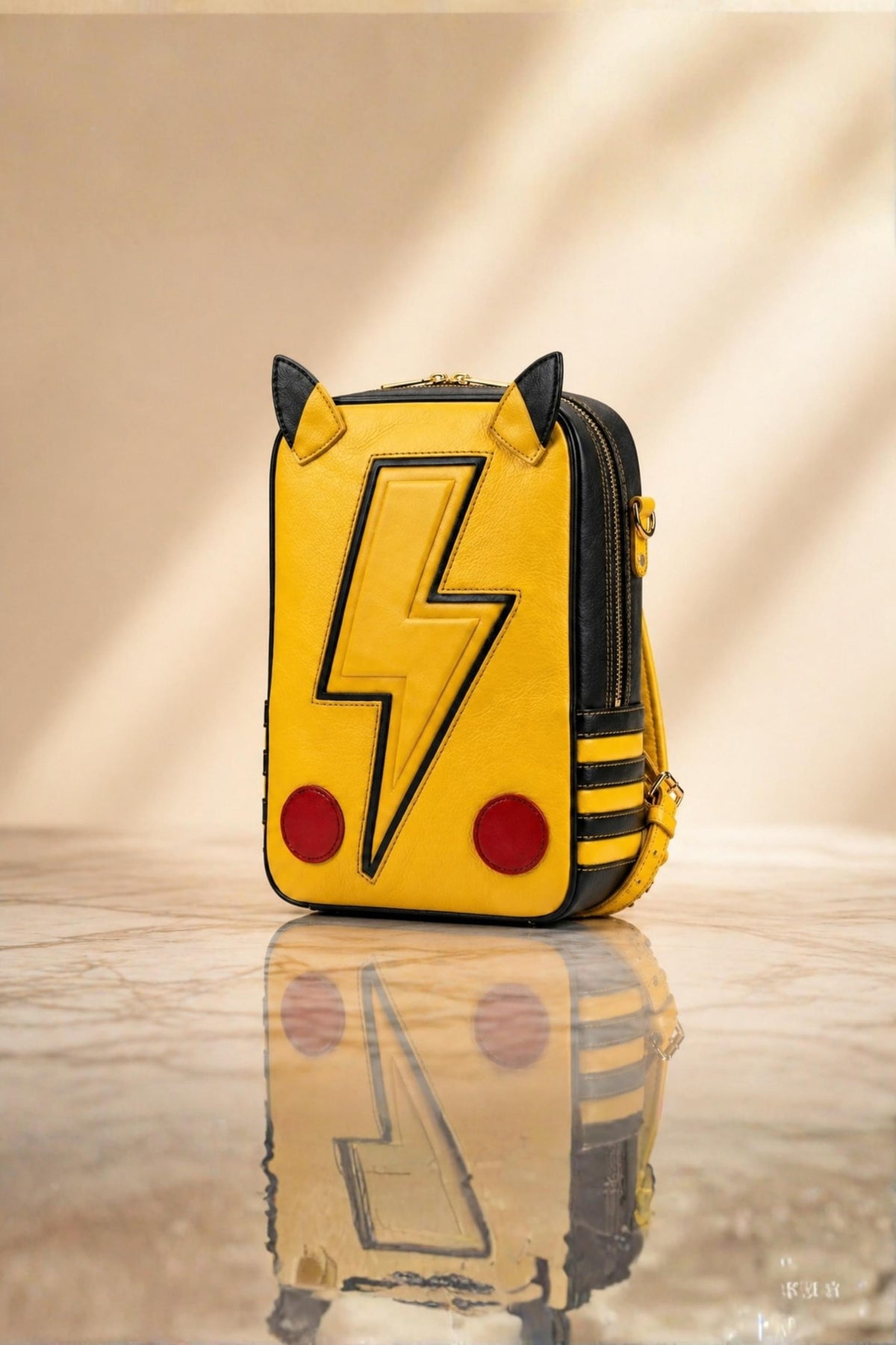 Pikachu inspired yellow genuine leather backpack with large lightning bolt emblem, sculpted ears, red circle cheek patches and black chevron strap detail, front view