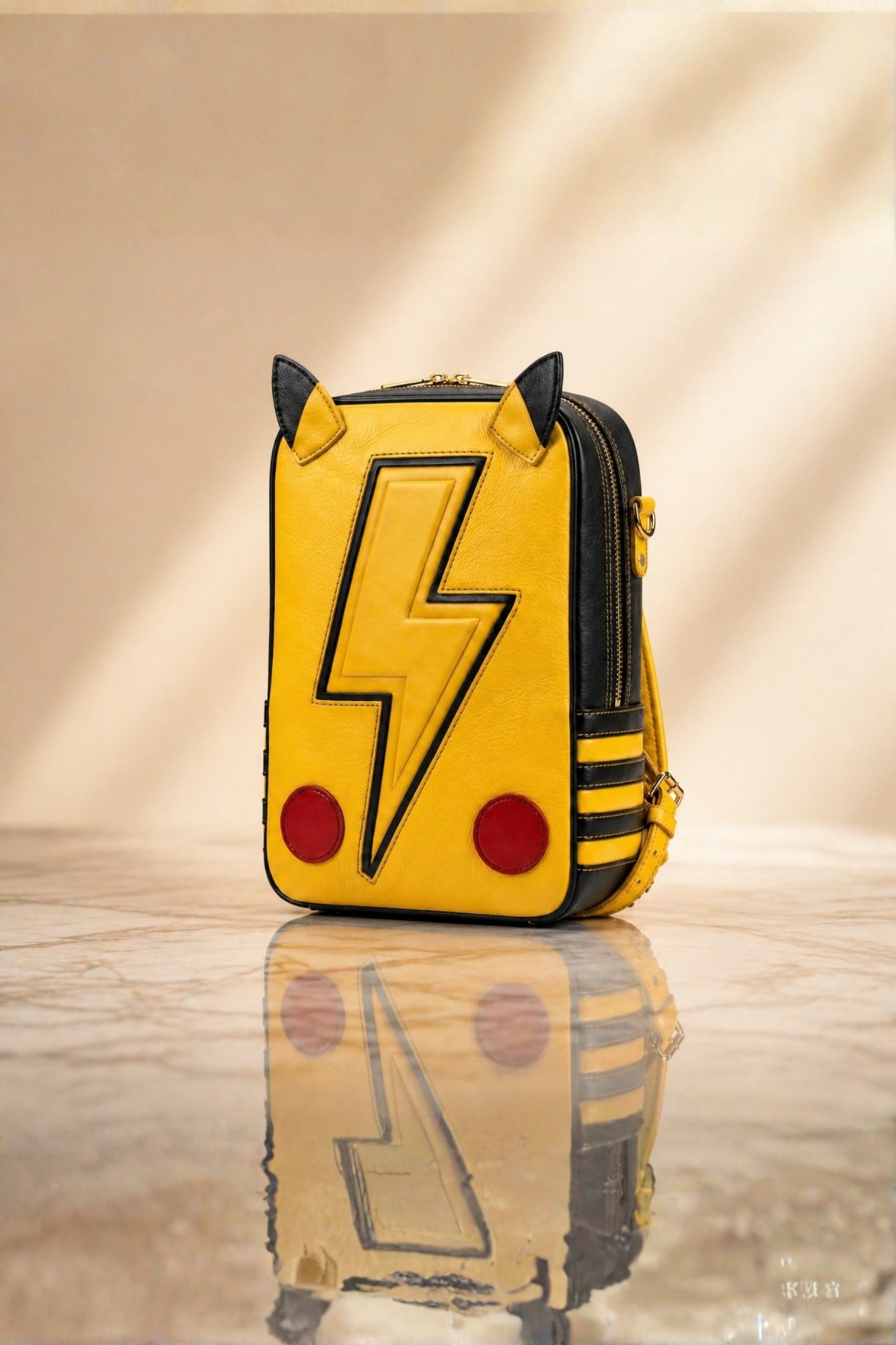Pikachu inspired yellow genuine leather backpack with large lightning bolt emblem, sculpted ears, red circle cheek patches and black chevron strap detail, front view