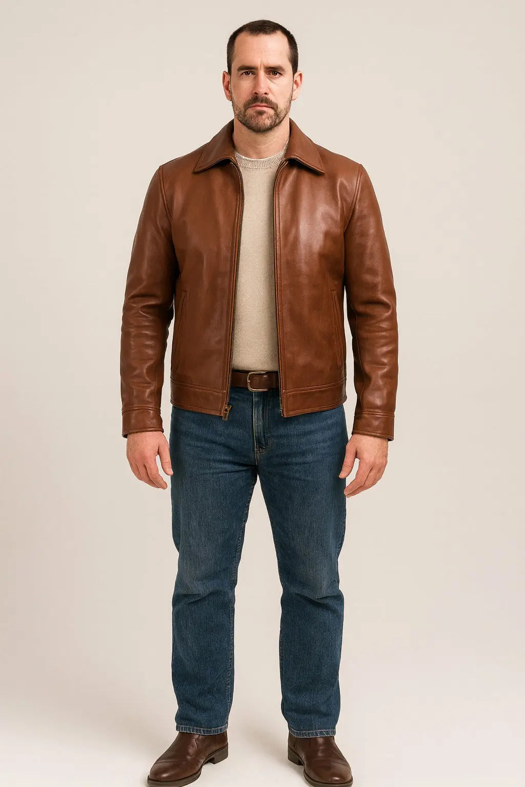 Reeves Men’s Brown Harrington Real Leather Jacket Front View
