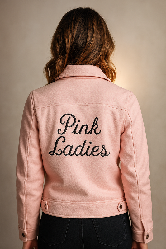Back view of women's Rise of the Pink Ladies Grease Jacket in pink genuine leather with embroidered logo