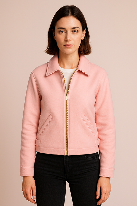 Front view of women's Rise of the Pink Ladies Grease Jacket in pink leather with zipper closure and pockets