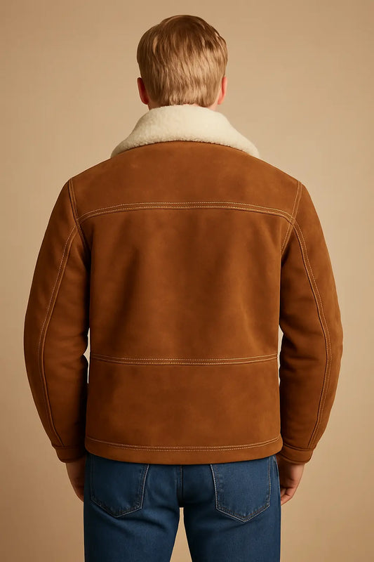 Back view of Robert Redford Downhill Racer brown leather jacket with shearling lining