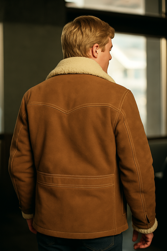 Back view of brown shearling leather jacket with vintage design, inspired by Downhill Racer.