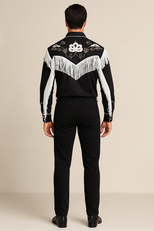 Back view of Ryan Gosling Barbie black suede leather western shirt with white fringe.
