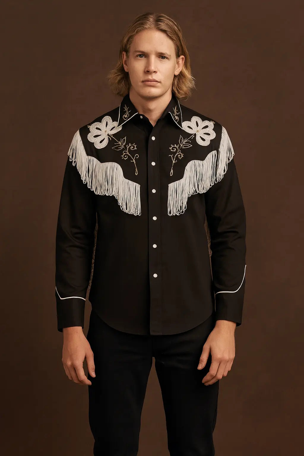 Front view of Ryan Gosling Barbie black suede western shirt with fringe design cosplay outfit