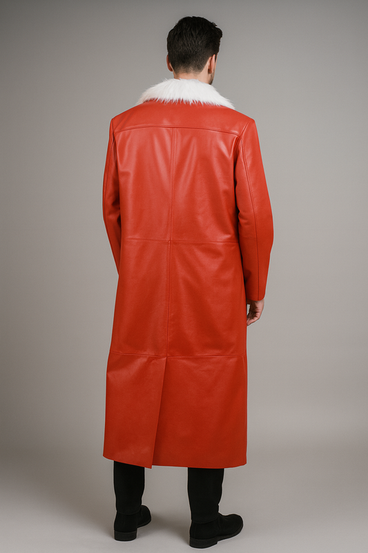 Back view showing full length of red Santa Claus leather coat with white shearling