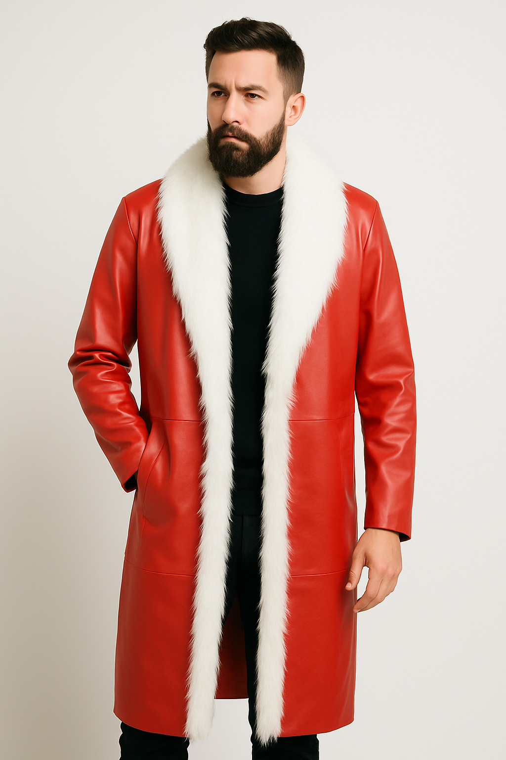 Side profile of Santa Claus style Christmas coat in genuine leather