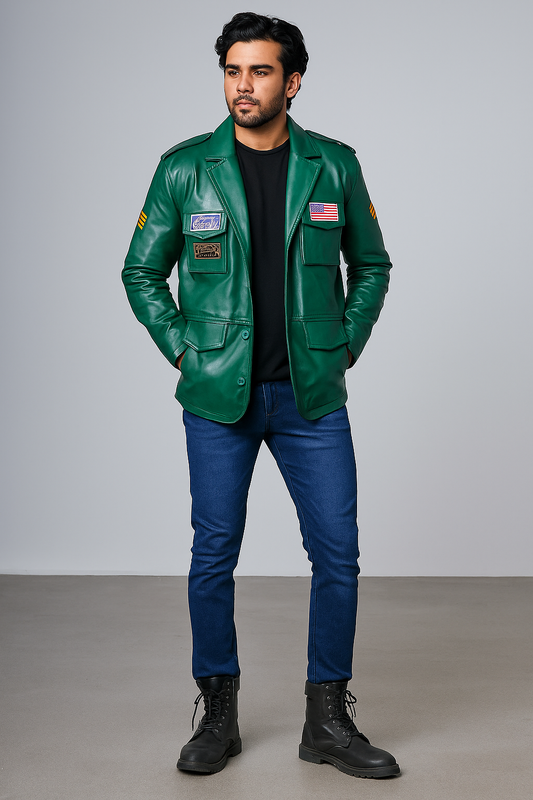 Front view of Silent Hill James Sunderland Green Leather Jacket with screen-accurate patches and zipper closure
