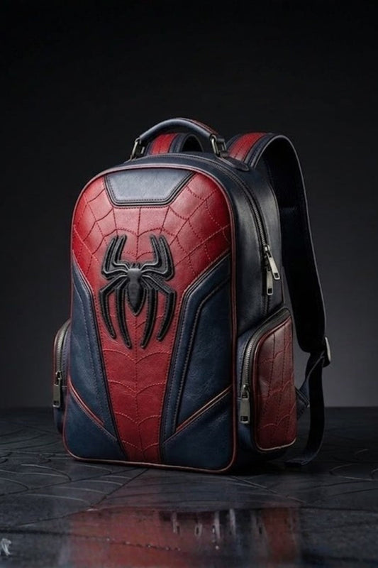 Spider-Man inspired red and navy blue leather backpack with embossed 3D spider logo and web stitch quilted pattern, front view
