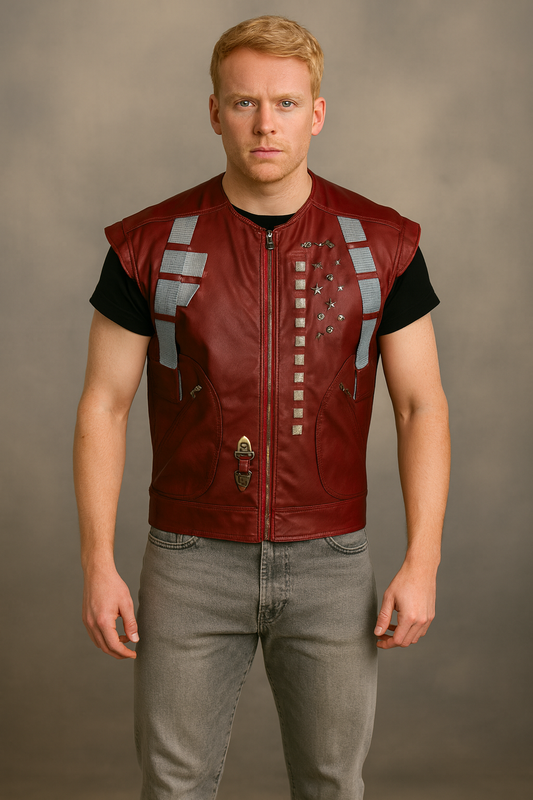 Front view of Star Lord Guardians of the Galaxy red leather vest with zipper closure
