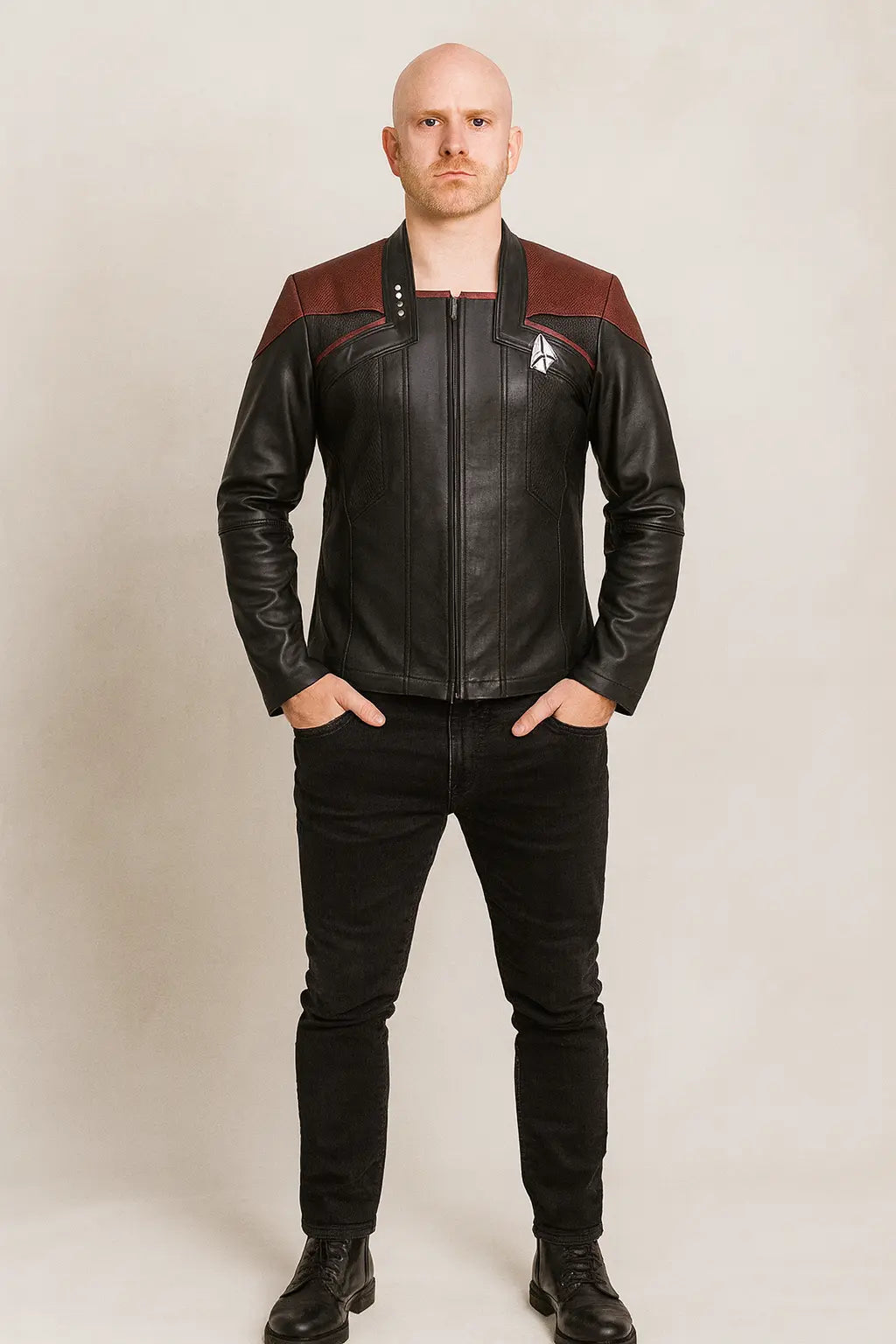 Front view of Star Trek Picard Season 3 Captain Riker black and red genuine leather jacket with zipper closure.