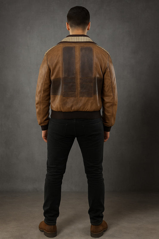 Back view of Star Wars Jedi Survivor Cal Kestis Brown Leather Bomber Jacket with screen-accurate detailing
