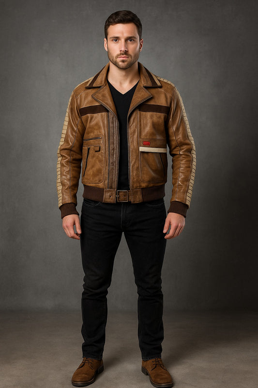 Front view of Star Wars Jedi Survivor Cal Kestis Bomber Leather Jacket in brown genuine leather with zipper closure