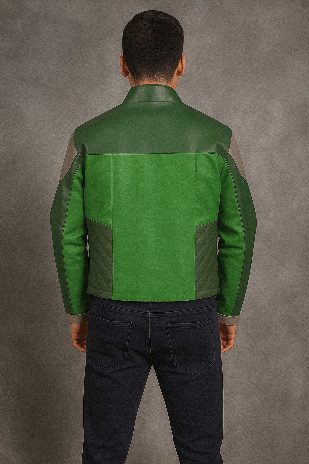 Back view of Star Wars Resistance Kazuda Xiono green leather jacket cosplay outfit