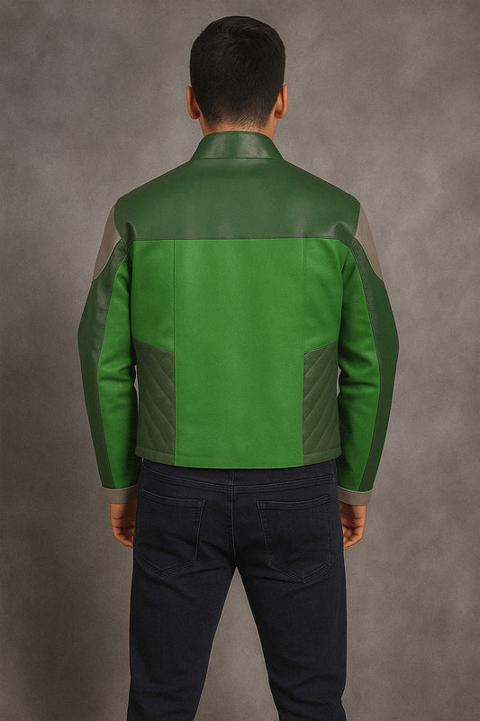 Back view of Star Wars Resistance Kazuda Xiono green leather jacket cosplay outfit