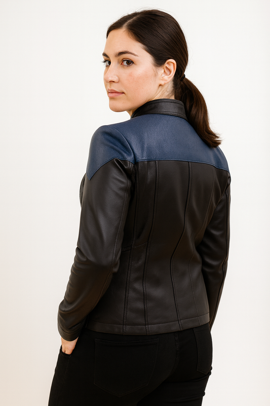 Back view of women’s black leather Star Trek cosplay jacket with detailing