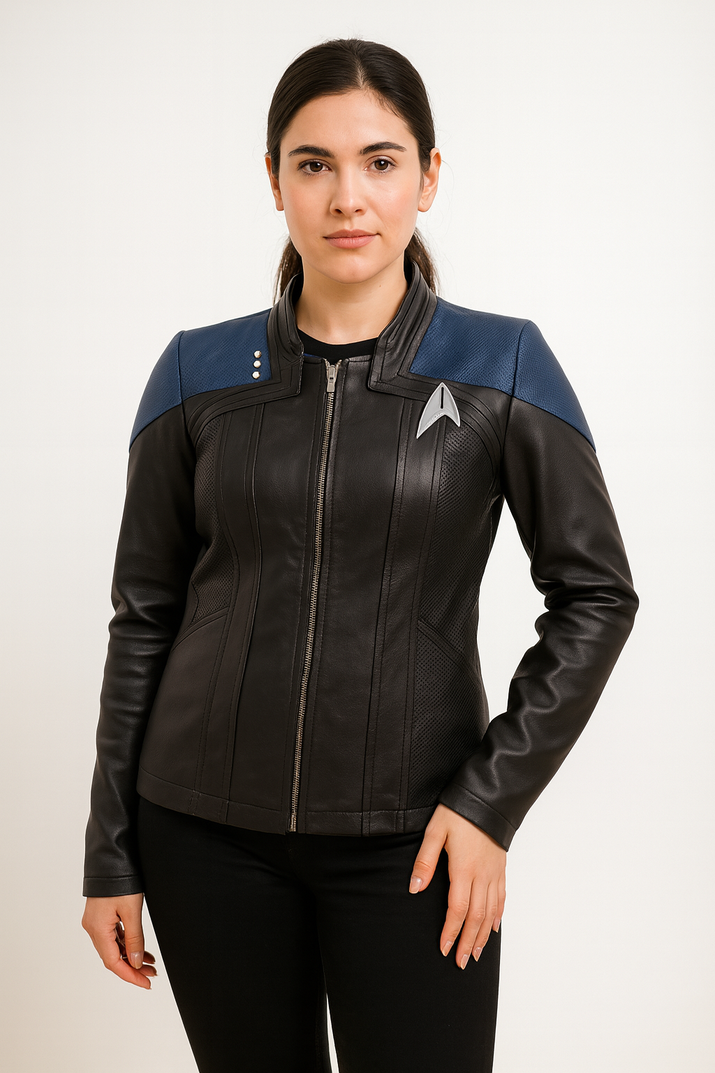 Front view of Deanna Troi Star Trek Picard Season 3 black leather jacket