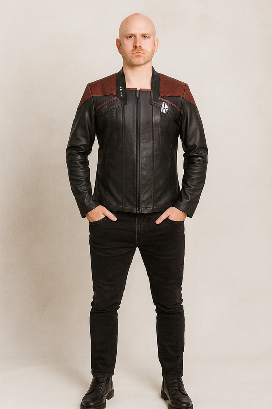 Front view of Star Trek Picard Season 3 Captain Riker black and red genuine leather jacket with zipper closure.