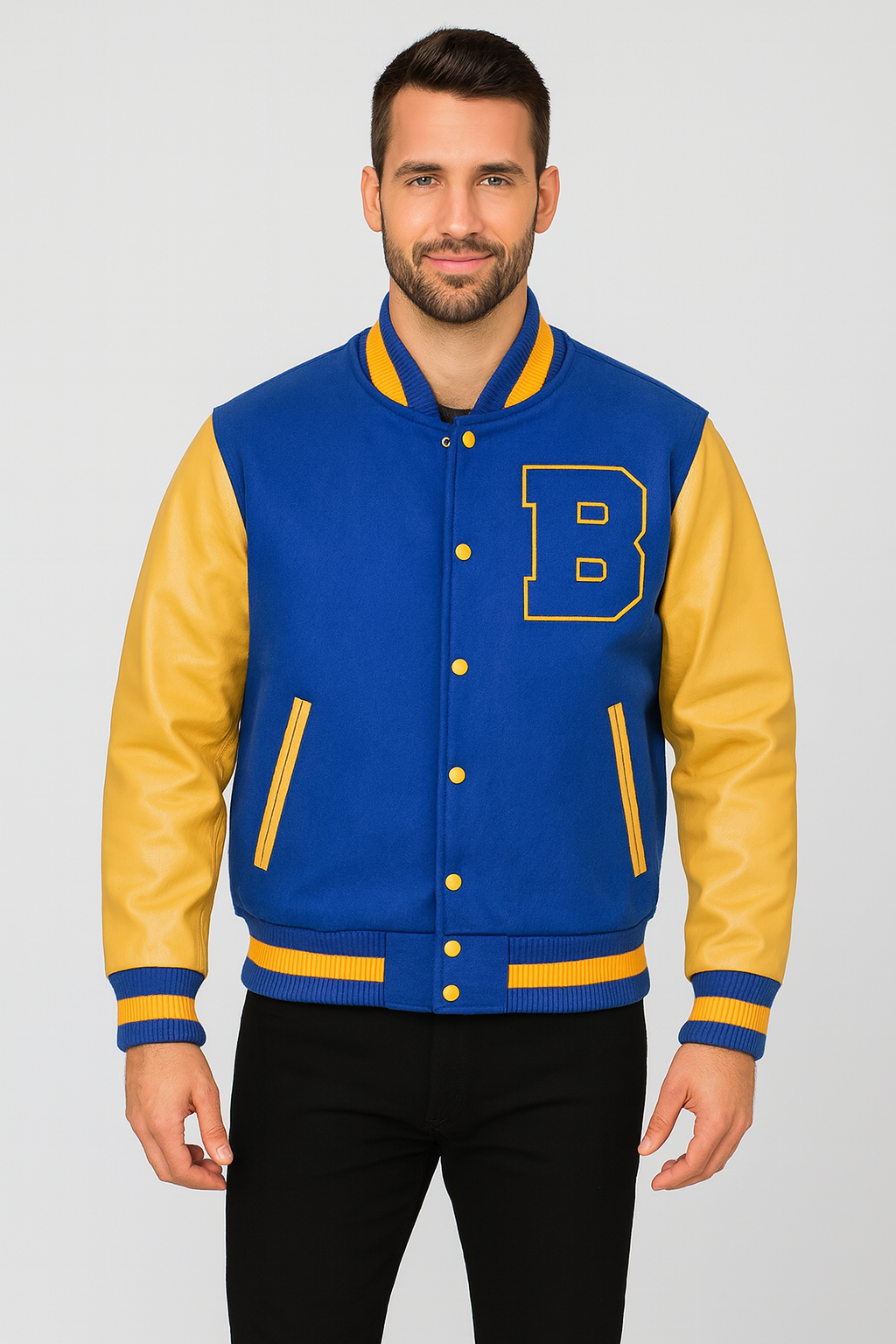 Michael J. Fox Teen Wolf varsity jacket alternate front with snap button closure.